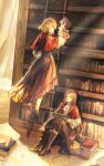  2girls absurdres artist_request ascot bang_dream! bang_dream!_it's_mygo!!!!! black_shoes black_skirt blonde_hair blue_eyes book book_stack bookshelf brown_hair capelet chinese_commentary commentary_request commission curtains highres holding holding_book indoors knees_up ladder light_particles loafers long_hair long_sleeves looking_at_another misumi_uika multiple_girls nagasaki_soyo on_floor open_book profile red_capelet second-party_source shirt shoes short_hair sidelocks sitting skirt standing white_ascot white_shirt 