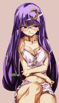  angry bespectacled breasts crescent crescent_hair_ornament glasses hair_ornament large_breasts long_hair navel no_hat no_headwear patchouli_knowledge purple_eyes purple_hair scowl short_shorts shorts solo tank_top touhou very_long_hair yohane 
