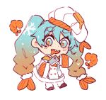  1girl aqua_eyes aqua_hair braid chef chef_hat chibi chibi_only cleaver commentary english_commentary hat hatsune_miku highres holding holding_cleaver meat_hair mikoratte orange_pupils shrimp shrimpku simple_background snowflakes solo twin_braids vocaloid white_background yuki_miku yuki_miku_(2024)_(applicant) 