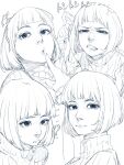  ...? 1girl :o afterimage blunt_bangs bob_cut clenched_teeth commentary_request finger_to_mouth fingernails greyscale half-closed_eyes hand_on_own_head hand_up hatching_(texture) highres index_finger_raised jcjiro long_sleeves looking_at_viewer looking_to_the_side monochrome motion_lines multiple_expressions multiple_views nose original raised_eyebrows short_hair simple_background smile sound_effects sweater teeth turtleneck turtleneck_sweater v-shaped_eyebrows white_background 