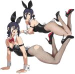  1girl absurdres animal_ears arched_back armband ass black_pantyhose black_shoes breasts chainsaw_man cleavage closed_mouth commentary detached_collar english_commentary fake_animal_ears fishnet_pantyhose fishnets floral_print floral_print_pantyhose from_side green_eyes hair_between_eyes high-waist_pantyhose high_heels highres hip_bones hooked_on_heel lace lace_pantyhose lace_pantyhose_hooked_on_heel_(meme) leotard looking_at_viewer looking_back lying meme multiple_views on_stomach open_mouth pantyhose pantyhose_tug playboy_bunny print_pantyhose reze_(chainsaw_man) shiren_(ourboy83) shoes simple_background small_breasts smile teeth the_pose thighs torn_clothes torn_pantyhose upper_teeth_only white_background wrist_cuffs 