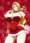  1girl areola_slip ass_visible_through_thighs bell bleach blonde_hair blue_eyes breasts choker christmas commentary_request covered_navel cowboy_shot curtained_hair curvy dress frilled_dress frills hand_on_own_hip hat holding holding_sack huge_breasts large_areolae lips long_hair looking_at_viewer matsumoto_rangiku microdress minpei_ichigo mole mole_under_mouth neck_bell orange_hair panties pink_lips red_background red_choker red_hat red_panties sack santa_costume santa_dress santa_hat shiny_skin skin_tight solo strapless strapless_dress thick_thighs thighs tube_dress underwear upskirt v-shaped_eyebrows wide_hips 