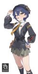  1girl belle_(brilliance_of_stars)_(zenless_zone_zero) belle_(zenless_zone_zero) black_hat black_socks black_sweater blue_hair commentary_request crossed_bangs earrings green_eyes grey_skirt hair_between_eyes hand_on_own_hip hat highres jewelry looking_at_viewer naa_onn necktie official_alternate_costume one_eye_closed short_hair simple_background skirt socks solo sweater white_background yellow_necktie zenless_zone_zero 
