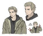  1boy amputee arm_up bandages black_hoodie black_shirt blonde_hair blood blood_on_bandages brown_jacket closed_mouth commentary_request cropped_shoulders cropped_torso drawstring ethan_winters frown hood hood_down hoodie injury jacket korean_commentary long_sleeves looking_to_the_side male_focus middle_finger missing_finger multiple_views open_clothes open_jacket parted_hair resident_evil resident_evil_village shirt short_sideburns sideburns sideways_glance simple_background t-shirt white_background ytbky_8 