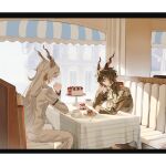  2boys animal_ears arknights ascot awning black_hair black_suit blush booth_seating building cake cake_slice cake_stand clenched_hand commentary cup dating ebenholz_(arknights) epaulettes feet_out_of_frame food fork fuyao_(kafeiwww) goat_boy goat_ears goat_horns head_rest highres horns indoors kreide_(arknights) laughing letterboxed light_smile long_hair long_sleeves looking_at_another male_focus multiple_boys purple_eyes saucer smile suit table tablecloth teacup white_ascot white_hair white_suit yaoi 