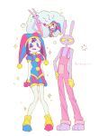  1boy 1girl animal_ears asymmetrical_footwear asymmetrical_gloves black_hair blue_eyes blue_gloves blue_hat blue_shoes colored_sclera colored_skin commentary_request fortnite furry furry_male gloves hat highres jax_(the_amazing_digital_circus) jester_cap korean_commentary loading_icon long_legs mismatched_footwear mismatched_gloves mismatched_shoes multicolored_eyes mya_(me_owo_meow) overalls pink_overalls pomni_(the_amazing_digital_circus) rabbit_boy rabbit_ears red_eyes red_gloves red_hat red_shoes shoes striped_hat the_amazing_digital_circus two-tone_eyes white_skin yellow_gloves yellow_sclera 