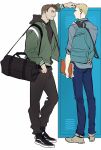  2boys alternate_universe backpack bag black_bag black_hoodie black_pants black_shoes blonde_hair blue_bag blue_eyes blue_pants blue_shirt book brown_hair bucky_barnes captain_america_(series) closed_mouth commentary denim duffel_bag english_commentary eye_contact full_body green_eyes green_jacket highres holding holding_book hood hood_down hoodie jacket jeans locker looking_at_another male_focus marvel multiple_boys open_clothes open_jacket pants profile shirt shoes short_hair short_sideburns sideburns standing steve_rogers white_background wing_collar yummyman 