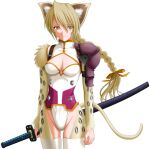  1girl 2000s_(style) animal_ears animal_print armor blonde_hair braid breasts cat_ears cat_tail cleavage cleavage_cutout closed_mouth clothing_cutout expressionless game_asset highleg katana kourin_tenshi_en_ciel_rena large_variant_set leopard_print leotard long_hair masherotto_torichetta medium_breasts non-web_source official_art saitou_natsuki self-datamine sheath sheathed simple_background single_braid solo sword tachi-e tail thighhighs transparent_background variant_set weapon yellow_eyes 