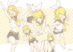  1girl :d barefoot belt blonde_hair blush bon_bon_eee border bow_hairband closed_eyes commentary feet from_above from_below full_body green_eyes grey_sailor_collar grey_shorts grid_background hair_ornament hairband hairclip highres kagamine_rin knees_up leaning_forward looking_at_viewer lying medium_hair midriff multiple_views navel neckerchief on_stomach one_eye_closed open_mouth outline parallel_hairclips parted_bangs sailor_collar shirt short_shorts shorts sidelocks signature simple_background sitting sleeveless sleeveless_shirt smile stomach tongue tongue_out treble_clef untranslatable_commentary v vocaloid white_border white_hairband white_outline white_shirt yellow_background yellow_belt yellow_neckerchief 