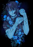  1other absurdres black_hair black_shirt blue_flower blue_rose blue_skin colored_skin deltarune flower highres k0konattsu kris_(dark_world)_(deltarune) kris_(deltarune) other_focus red_eyes rose shirt short_hair solo utdr_(toby_fox) 