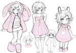  1boy 1girl aged_down andrew_graves animal_ears animal_hood ashley_graves boots commentary doki_090909 dress full_body hair_ornament happy heart hood pacifier pink_boots pink_dress rabbit_ears rabbit_hair_ornament rabbit_hood shirt short_hair shorts smile striped_clothes striped_shirt the_coffin_of_andy_and_leyley untranslatable_commentary 