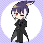  1boy animal_ears black_gloves black_jacket black_pants black_shoes chibi chibi_only closed_mouth coattails commentary_request full_body gloves jacket long_sleeves male_focus multicolored_hair necktie nise_dorothia one_eye_closed original pants purple_hair purple_necktie rabbit_boy rabbit_ears rabbit_tail red_eyes scar scar_across_eye scar_on_face shoes short_hair solo standing tail tailcoat two-tone_hair white_hair 