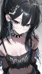  1girl absurdres animal_print barbell_piercing black_camisole black_collar black_eyes black_hair breasts butterfly_print camisole chiromi closed_mouth collar commentary detached_sleeves double-parted_bangs ear_piercing earrings expressionless fishnet_sleeves fishnets foreshortening glasses goth_fashion gradient_background hair_intakes hair_ornament highres industrial_piercing jewelry looking_at_viewer medium_breasts midriff navel no_bra original piercing print_camisole rectangular_eyewear skull_hair_ornament solo spaghetti_strap spiked_collar spiked_ear_piercing spikes too_many_piercings torn_camisole torn_clothes triangle_hair_ornament untranslatable_commentary upper_body 