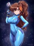  1girl arm_up artist_name blue_bodysuit bodysuit breasts brown_eyes brown_hair canadiananiguy commentary cosplay covered_navel earrings english_commentary flower grin gun hair_flower hair_ornament hand_on_own_hip high_ponytail highres holding holding_gun holding_weapon impossible_bodysuit impossible_clothes indie_virtual_youtuber jewelry large_breasts legs_together light_blush long_hair metroid natsu_kashii orange_flower paralyzer ponytail samus_aran samus_aran_(cosplay) skin_tight sky smile solo standing star_(sky) starry_sky teardrop_earrings thighs very_long_hair virtual_youtuber watermark weapon zero_suit 