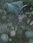  bandaid blue_gloves blue_pikmin bulborb can cigarette_butt commentary freckles gloves grass helmet highres kusamie large_nose louie_(pikmin) no_mouth outdoors pikmin_(creature) pikmin_(series) pointy_ears purple_pikmin radio_antenna rain red_pikmin ripples rock rock_pikmin short_hair solid_circle_eyes space_helmet spacesuit standing untranslatable_commentary water wet white_pikmin yellow_pikmin 
