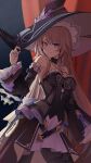  1girl absurdres ascot black_dress black_hat choker commentary detached_sleeves dress flower hat hat_flower herta_(honkai:_star_rail) highres honkai:_star_rail honkai_(series) jewelry key key_choker key_necklace lavriell long_hair necklace purple_eyes purple_flower purple_hat purple_nails purple_ribbon ribbon strapless strapless_dress the_herta_(honkai:_star_rail) white_ascot witch_hat 