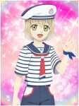  1boy artist_request blonde_hair blue_hat blue_ribbon blue_shirt blue_shorts commentary cowboy_shot english_commentary game_asset green_eyes hat laphicet_(marine)_(tales) laphicet_(tales) looking_at_viewer male_focus multicolored_hair multicolored_hat multicolored_shirt official_alternate_costume official_art open_mouth ribbon sailor_collar sailor_hat sailor_shirt shirt short_hair shorts smile solo standing streaked_hair tales_of_(series) tales_of_berseria tales_of_festival tales_of_festival_2018 tales_of_the_rays third-party_source waving white_hat white_shirt white_streaks 