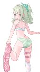  1girl absurdres ass blush bra commentary_request earrings from_behind green_eyes green_hair hair_ornament hairclip highres jewelry leg_warmers looking_at_viewer multicolored_leg_warmers multiple_thigh_straps panties pink_leg_warmers simple_background solo spwnockey striped_clothes striped_leg_warmers striped_panties sunna_(zenless_zone_zero) thigh_strap underwear undressing white_background white_bra zenless_zone_zero 