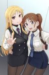  2girls :d arm_around_another's_waist black_pantyhose black_skirt black_vest blonde_hair blue_necktie blue_skirt brown_hair closed_mouth collared_shirt commentary_request fate_testarossa high_side_ponytail highres holster indoors long_hair long_sidelocks long_sleeves looking_at_viewer lyrical_nanoha mahou_shoujo_lyrical_nanoha_exceeds:_gun_blaze_vengeance multiple_girls necktie office_lady open_mouth pantyhose parted_bangs pencil_skirt purple_eyes purple_necktie red_eyes selfie shirt shirt_tucked_in shoulder_holster side-by-side side_ponytail sidelocks skirt skirt_suit smile suit takamachi_nanoha tie_clip upper_body v vest waistcoat white_shirt yotsura 
