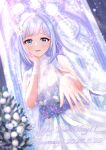  1girl absurdres blue_eyes blue_flower blue_hair blue_ribbon blue_rose blush bridal_veil capelet center_frills church commentary_request dress flower frills hair_flower hair_ornament hand_on_own_cheek hand_on_own_face happy_birthday highres idolmaster idolmaster_million_live! idolmaster_million_live!_theater_days indoors jewelry long_hair neilp ribbon ring rose see-through_capelet see-through_clothes see-through_dress shiraishi_tsumugi sleeveless sleeveless_dress solo twitter_username veil wedding_dress wedding_ring white_dress white_flower white_rose 