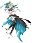  1girl apron aqua_ascot aqua_cape aqua_trim ascot belt black_thighhighs blue_hair boots butterfly_hair_ornament cape colored_shoe_soles commentary_request crop_top detached_sleeves double_bun fenrir_(fenlil0316) flat_chest fold-over_boots full_body gold_trim gradient_hair green_hair hair_bun hair_ornament high_heel_boots high_heels highres holding holding_microphone hololive hololive_fantasy_1st_anniversary_outfit linea_alba medium_hair microphone midriff miniskirt multicolored_hair multiple_belts navel official_alternate_costume open_mouth overskirt pleated_skirt red_eyes short_hair_with_long_locks side_up_bun simple_background skirt solo standing standing_on_one_leg stomach thighhighs uruha_rushia virtual_youtuber waist_cape white_apron white_background white_boots white_skirt white_sleeves wide_belt wide_sleeves zettai_ryouiki 