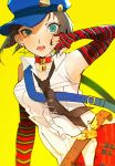  1girl absurdres armpits bag bare_shoulders blue_hat choker commentary_request elbow_gloves gloves hat highres lock marie_(persona_4) messenger_bag mina_(mina_st4r) newsboy_cap padlock padlocked_choker padlocked_collar persona persona_4 persona_4_the_golden plaid_clothes plaid_skirt red_choker shoulder_bag skirt striped_clothes striped_gloves 