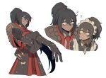  2girls ? black_hair blue_eyes blush brown_gloves closed_mouth collared_shirt commentary dark-skinned_female dark_skin dress gloves hair_ribbon high_ponytail highres im_gyeong-eop_(project_moon) korean_armor limbus_company look-alike misg1111 multiple_girls necktie nelly_(project_moon) ponytail project_moon red_dress red_necktie red_ribbon ribbon shirt simple_background smile sweat white_background white_shirt 