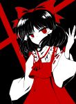  1girl ascot black_hair bow commentary_request derivative_work detached_sleeves embodiment_of_scarlet_devil gozen_0416 hair_bow hair_tubes hakurei_reimu highres long_hair looking_at_viewer official_alternate_costume official_art_redraw red_ascot red_bow red_eyes red_skirt ribbon-trimmed_sleeves ribbon_trim skirt skirt_set solo sprite_redraw touhou zun_pose 