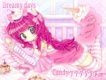  1girl animal_ears artist_name blush bow brown_eyes cake cake_slice candy cherry commentary dress english_commentary eyelashes fingerless_gloves food frilled_dress frilled_pillow frills fruit full_body gloves hair_bow highres horse_ears horse_girl horse_tail hugging_object ice_cream_cone indoors lying on_bed on_stomach original pillow pillow_hug pink_bow pink_dress pink_hair pink_pillow plate polka_dot pukapukavec sparkling_eyes striped_clothes striped_gloves striped_thighhighs tail thighhighs yume_kawaii 