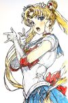  1girl absurdres back_bow bishoujo_senshi_sailor_moon blonde_hair blue_eyes blue_sailor_collar blue_skirt bow bowtie check_commentary choker circlet commentary_request crescent crescent_choker crescent_earrings double_bun earrings elbow_gloves from_side gloves graphite_(medium) hair_bun highres i4teruz jewelry long_hair looking_at_viewer magical_girl open_mouth pleated_skirt red_bow red_bowtie red_choker sailor_collar sailor_moon sailor_senshi sailor_senshi_uniform simple_background skirt solo traditional_media tsuki_ni_kawatte_oshioki_yo tsukino_usagi twintails white_background white_gloves 