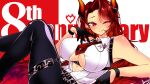  1girl anniversary artist_name bare_shoulders belt black_belt black_gloves black_pants blush bono_(8775bono) breasts chest_harness cleavage closed_mouth clothing_cutout collared_shirt commentary_request curtained_hair dola_(8th_costume)_(nijisanji) dola_(nijisanji) dragon_horns english_text eyelashes foot_out_of_frame gloves half_gloves hand_up harness horn_ornament horns knees_up large_breasts long_hair looking_at_viewer lying necktie nijisanji on_back one_eye_closed orange_horns pants red_background red_eyes red_hair red_necktie second-party_source shirt shirt_tucked_in short_necktie sleeveless sleeveless_shirt smile solo sparkle_earrings thigh_strap two-tone_background underboob_cutout underbust very_long_hair virtual_youtuber white_background white_shirt wrist_straps 