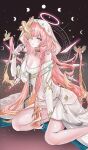  1girl absurdres ambience_synesthesia arknights bare_shoulders breasts cleavage collarbone commentary_request detached_wings disembodied_hand dress energy_wings facial_mark fingernails hair_lift halo highres kneeling large_breasts lemuen_(arknights) lemuen_(requiem_vesperis)_(arknights) long_hair looking_at_viewer mark_under_eye minuolin moon_phases nail_polish off_shoulder official_alternate_costume one_eye_covered pearl_choker pink_eyes pink_hair pink_halo pink_nails solo star_pendant teardrop_facial_mark veil white_dress white_veil wings 