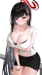  1girl absurdres alternate_costume arm_under_breasts black_bra black_hair black_skirt blue_archive bra bra_peek breasts cleavage commentary_request halo hee_(user_ykux4248) highres huge_breasts long_hair looking_at_viewer multicolored_halo red_eyes rio_(blue_archive) shirt simple_background skirt solo thighs two-tone_halo underwear very_long_hair white_background white_shirt 
