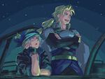  2boys 9th_ff6 armor black_gloves black_jacket black_shirt blonde_hair blue_armor blue_eyes blue_ribbon brown_eyes commentary_request crossed_arms edgar_roni_figaro final_fantasy final_fantasy_vi fingerless_gloves gloves gold_trim grey_hair hair_ribbon head_on_hand headscarf highres jacket locke_cole long_hair male_focus multi-tied_hair multiple_boys open_mouth parted_bangs ribbon shirt short_hair shoulder_armor smile upper_body white_shirt 