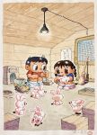  1930s_(style) 1boy 1girl animal artist_name black_hair blue_shirt blue_shoes border bow bowl broom brown_eyes brown_hair cleaning_rag closed_mouth commentary door dustpan grey_eyes hair_bow hanging_light highres holding holding_animal holding_broom holding_brush holding_rabbit indoors katsukawa_katsushi looking_at_animal medium_hair official_art painting_(medium) pet_bowl pet_brush pink_rabbit pink_shoes rabbit raised_eyebrows red_shirt shirt shoes short_hair squatting tonari_no_tetsuko traditional_media twintails watercolor_(medium) white_border yellow_bow 
