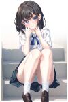  1girl absurdres arthur_ishii black_hair black_skirt blue_bow blue_bowtie blue_eyes blush border bow bowtie brown_shoes closed_mouth collared_shirt commentary double_v dress_shirt fingernails full_body hair_behind_ear hair_between_eyes hair_ornament hairclip hands_up highres knees_together_feet_apart knees_up legs loafers looking_at_viewer medium_hair miniskirt original outside_border panties plaid_bow plaid_bowtie plaid_clothes pleated_skirt polka_dot polka_dot_background school_uniform shirt shoes short_sleeves simple_background sitting sitting_on_stairs skirt smile socks solo stairs tareme thighs underwear upskirt v white_background white_border white_panties white_shirt white_socks x_hair_ornament 