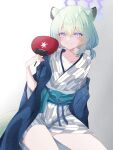  1girl animal_ears aqua_hair bath_yukata blue_archive blush breasts commentary_request grey_kimono halo highres japanese_clothes kimono long_sleeves looking_at_viewer medium_hair purple_eyes shigure_(blue_archive) shigure_(hot_spring)_(blue_archive) small_breasts smile solo tanutika textless_version weasel_ears weasel_girl wide_sleeves yukata 
