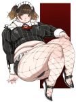  1girl black_bow black_hair black_shirt black_shoes black_skirt blush bow breasts brown_eyes brown_hair closed_mouth covered_nipples cross cross_earrings detached_collar double_chin earrings fat fishnet_pantyhose fishnets frilled_hairband frills full_body gradient_hair hairband hand_on_own_knee highres invisible_chair jewelry long_sleeves looking_at_viewer midriff miniskirt multicolored_hair navel nose obese original pantyhose shirt shoes short_hair sitting skirt smile solo stomach thick_thighs thighs torn_clothes torn_pantyhose twintails undersized_clothes utoka wavy_hair white_background white_hairband 