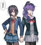  2girls arm_at_side asahina_mafuyu black_cardigan black_pantyhose blazer blue_skirt blush bow bowtie braid breasts brown_eyes brown_hair brown_pantyhose cardigan chinese_commentary chinese_text closed_mouth collared_shirt commentary_request cowboy_shot flying_sweatdrops grey_serafuku grey_shirt grey_skirt hair_between_eyes hair_ornament hair_over_shoulder hand_on_own_hip highres holding_hands jacket kamiyama_high_school_uniform_(project_sekai) lapels layered_sleeves long_hair long_sleeves miyamasuzaka_girls'_academy_school_uniform multiple_girls neckerchief notched_lapels open_clothes open_jacket pantyhose plaid_clothes plaid_skirt pleated_skirt ponytail project_sekai purple_eyes purple_hair red_bow red_bowtie red_neckerchief sailor_collar school_uniform scrunchie serafuku shiba257 shinonome_ena shirt short_hair side_braid sidelocks simple_background skirt speech_bubble translation_request white_background white_sailor_collar yellow_shirt 