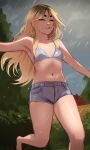  1girl absurdres armpits barefoot bikini bikini_top_only blonde_hair breasts cigarette closed_eyes closed_mouth cloud cloudy_sky commentary english_commentary highres jessie_(veyonis) long_hair mouth_hold navel original outdoors rain shorts sky small_breasts smile smoking solo swimsuit thick_eyebrows veyonis 