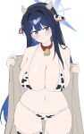  1girl absurdres animal_ear_hairband animal_ears animal_print bare_shoulders bell bikini blue_archive blue_eyes blue_hair blue_halo breasts brown_coat coat cow_ear_hairband cow_ears cow_print cow_print_bikini cow_print_thighhighs cowbell erum_4066 fake_animal_ears hairband halo highres large_breasts long_hair navel print_bikini print_thighhighs saori_(blue_archive) solo swimsuit thigh_gap thighhighs thighs white_background 
