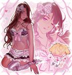  1boy 1girl :q ;q alien_stage alternate_costume black_bra black_skirt blonde_hair bow bra breasts brown_hair chibi chibi_inset commentary dark-skinned_female dark_skin frieddog grey_eyes hair_bow heart highres hyuna_(alien_stage) long_hair luka_(alien_stage) medium_breasts one_eye_closed pink_bow pink_scrunchie prosthesis prosthetic_leg scrunchie sitting skirt strapless strapless_bra tongue tongue_out underwear wrist_scrunchie 