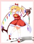  1girl absurdres arms_behind_back ascot back_bow blonde_hair border bow collared_shirt commentary_request crystal crystal_wings derivative_work embodiment_of_scarlet_devil flandre_scarlet frilled_shirt_collar frilled_skirt frills full_body hat hat_ribbon highres holding holding_weapon laevatein_(touhou) long_hair looking_at_viewer mary_janes mob_cap multicolored_wings official_art_redraw one_side_up pink_border red_eyes red_shoes red_skirt red_vest ribbon samoflower shadow shirt shoes skirt skirt_set socks solo sprite_redraw touhou vest weapon white_bow white_hat white_shirt white_socks wings yellow_ascot 