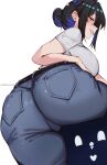  1girl absurdres ass ass_focus asymmetrical_horns black_hair black_horns blue_hair blue_pants breasts colored_inner_hair demon_horns denim from_behind highres hololive hololive_english horns huge_ass jailbird_(nerissa_ravencroft) jeans large_breasts long_hair looking_at_viewer looking_back meeko_illus mole mole_under_eye multicolored_hair nerissa_ravencroft pants red_eyes smile thighs two-tone_hair uneven_horns virtual_youtuber 