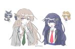  4girls animal_ears black_jacket blazer blue_eyes blue_skirt blush brown_hair cat_ears cat_girl cat_tail collared_shirt commentary_request crossed_arms dog_ears finger_to_mouth green_necktie grey_jacket hair_ornament highres jacket kemonomimi_mode korean_commentary leaf_hair_ornament long_hair looking_at_viewer miyagi_shiori multiple_girls necktie open_mouth purple_eyes red_necktie school_uniform sendai_hazuki shirt showaru_tensai_osananajimi_to_no_shobu_ni_makete_hatsutaiken_wo_zenbu_ubawareru_hanashi shushing shuuniichido_classmate_wo_kau_hanashi simple_background skirt tail twitter_username umezono_komaki wheloo3rd white_background white_shirt yellow_eyes yoshizawa_wakaba 