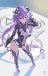  1girl bare_hips black_bodysuit blue_eyes bodysuit braid braided_ponytail breasts choushinjiku_game_neptune_unlimited highres long_hair neptune_(series) purple_hair purple_heart_(neptunia) rein_yukimatsu solo 