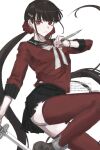  1girl black_hair black_skirt blunt_bangs bow bowtie brown_hair commentary_request danganronpa_(series) danganronpa_v3:_killing_harmony hair_ornament hair_scrunchie harukawa_maki holding holding_knife kinokodykf knife long_hair long_sleeves looking_at_viewer low_twintails mole mole_under_eye pleated_skirt red_eyes red_scrunchie red_shirt red_thighhighs sailor_collar school_uniform scrunchie shirt skirt solo thighhighs twintails white_background white_bow white_bowtie 