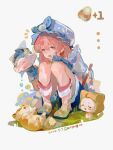  1girl =_= absurdres animal ankle_socks apron blue_bow blue_gloves blue_hat blue_shirt blue_shorts boots bow bowtie bubble bye-bye_dust_(infinity_nikki) cat chinese_commentary cloak clothed_animal commentary_request dated dog ear_covers eyelashes floof_(infinity_nikki) footwear_bow frilled_headwear full_body gameplay_mechanics gloves hair_between_eyes hair_brush hand_on_own_knee happy hat hat_bow highres holding holding_brush hood hood_up hooded_cloak infinity_nikki knees knees_up looking_at_animal loose_socks mob_cap momo_(nikki) nikki_(nikki) nikki_(series) open_mouth paw_print pink_hair pink_socks pom_pom_hat_ornament puffy_short_sleeves puffy_sleeves red_bow red_bowtie rubber_boots sanyang003 shiba_inu shirt short_hair short_sleeves shorts signature sitting smile socks traditional_bowtie white_background white_cat yellow_apron yellow_boots yellow_cloak 