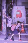  1boy 1girl ahoge among_us araragi_koyomi arm_up backpack bag bandaid bandaid_on_leg bang_dream! bang_dream!_it's_mygo!!!!! black_hair black_pants black_shoes blue_skirt brown_hair buttons chinese_text clenched_hand collared_shirt commentary_request drop_shadow fang green_ribbon grin hachikuji_mayoi hair_over_one_eye hair_ribbon hairband highres lunifish monogatari_(series) pants pink_bag pink_shoes poster_(object) red_(among_us) ribbon shirt shoes skin_fang skirt smile socks stuffed_toy suspender_skirt suspenders takamatsu_tomori traffic_cone twintails utility_pole white_hairband white_shirt white_socks 