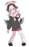  1girl absurdres bare_shoulders beret black_hat black_shirt black_wings blue_archive blush commentary_request feathered_wings full_body halo hat head_wings highres koharu_(blue_archive) long_hair long_sleeves looking_at_viewer loose_socks low_wings off_shoulder parted_lips pink_hair pleated_skirt pointing puffy_long_sleeves puffy_sleeves purple_eyes purple_skirt ryoji_minato sailor_collar school_uniform serafuku shirt simple_background skirt socks solo standing twintails wavy_mouth white_background white_sailor_collar white_socks wings 